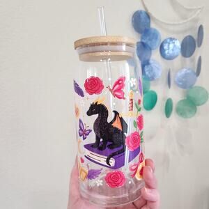 Purple Fantasy Glass Coffee Cup Dragon 20 oz Bookish Reading Gift Flowers Sword